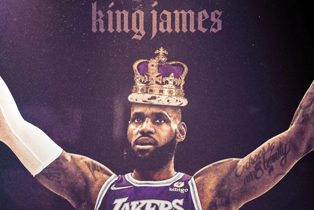 LeBron James' nickname "King James," written with a crown symbol, alongside an edited image of LeBron James wearing a crown. (Photo collage by Türkiye Today)