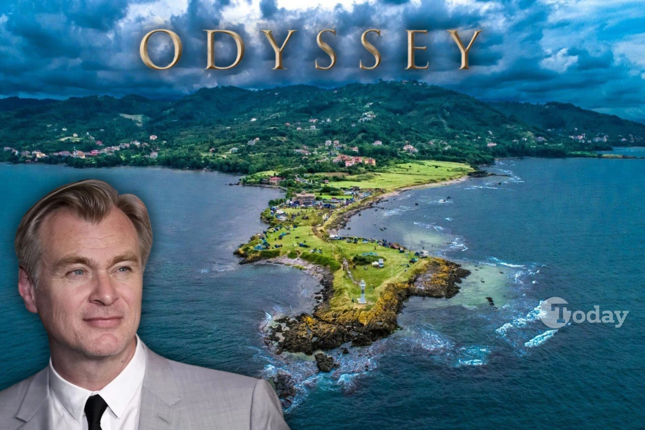 Photo collage with Yason Cape in the background and text reading "Christopher Nolan" and "Odyssey."