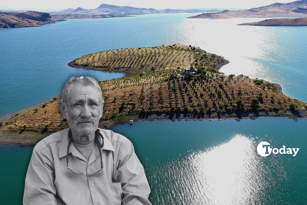 86-year-old Ziya Abay stands beside a cabin he built 15 years ago on an island in the Keban Dam Lake Basin, surrounded by lush greenery from the 4,000 saplings he planted.