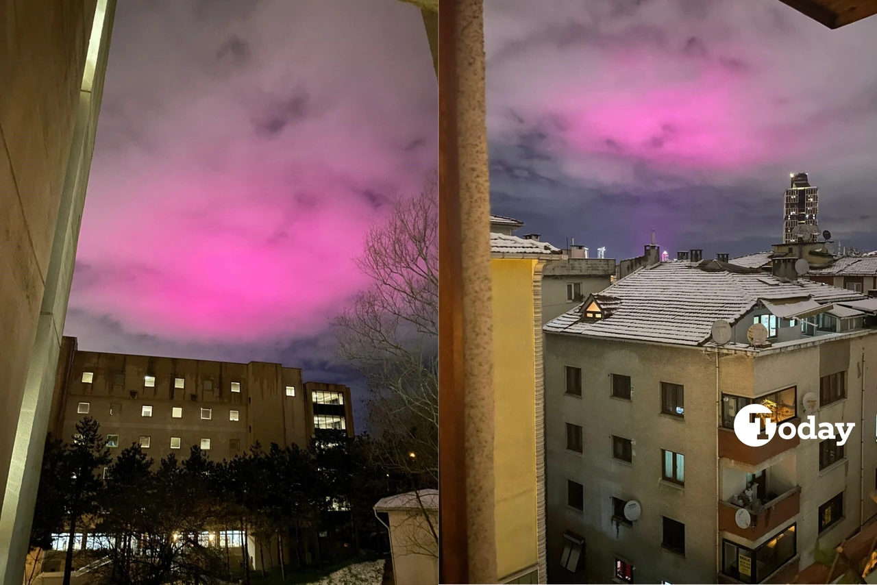 Pink cloud clusters in the sky over Istanbul at night.