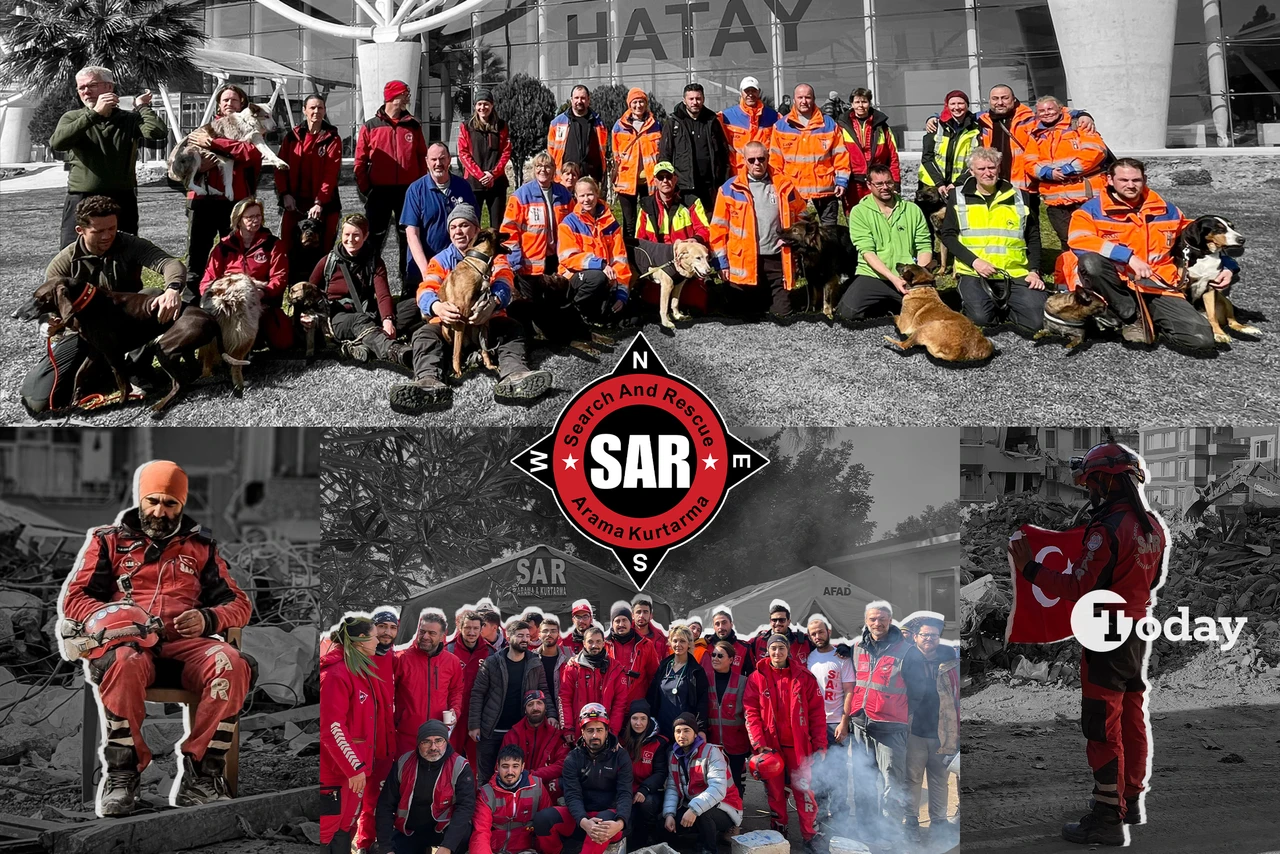 A collage of rescue teams, SAR volunteers, and search dogs in Hatay after the 2023 earthquakes in Turkey