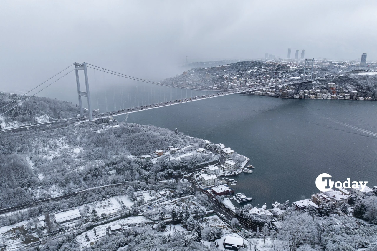 The Bosporus and its surrounding areas are transformed into a winter wonderland, as snow continues to blanket Istanbul's higher districts.