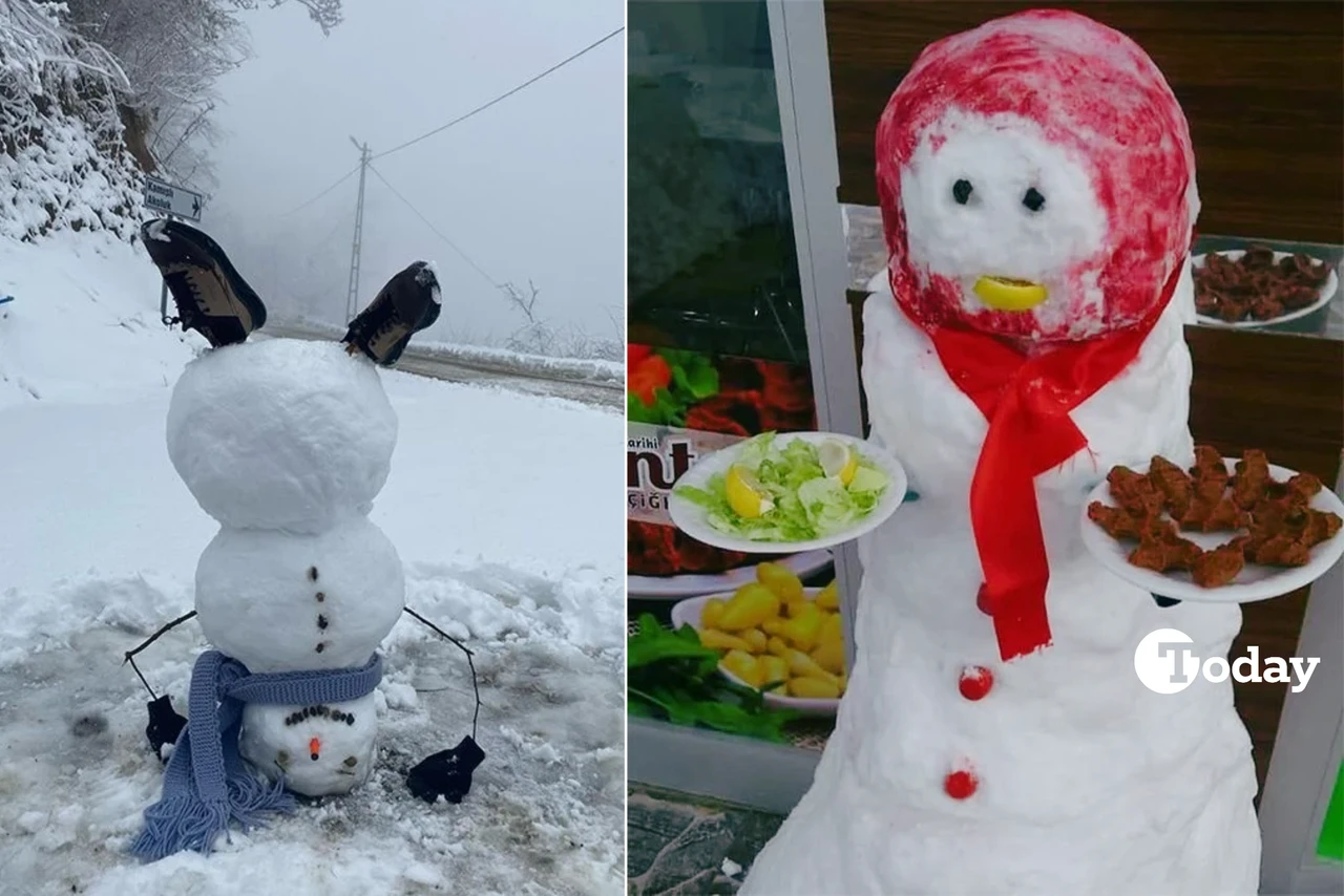 Snowmen with a blue scarf and black mittens is positioned upside down on the roadside, while another, wearing a red headscarf, carries plates of traditional Turkish food.