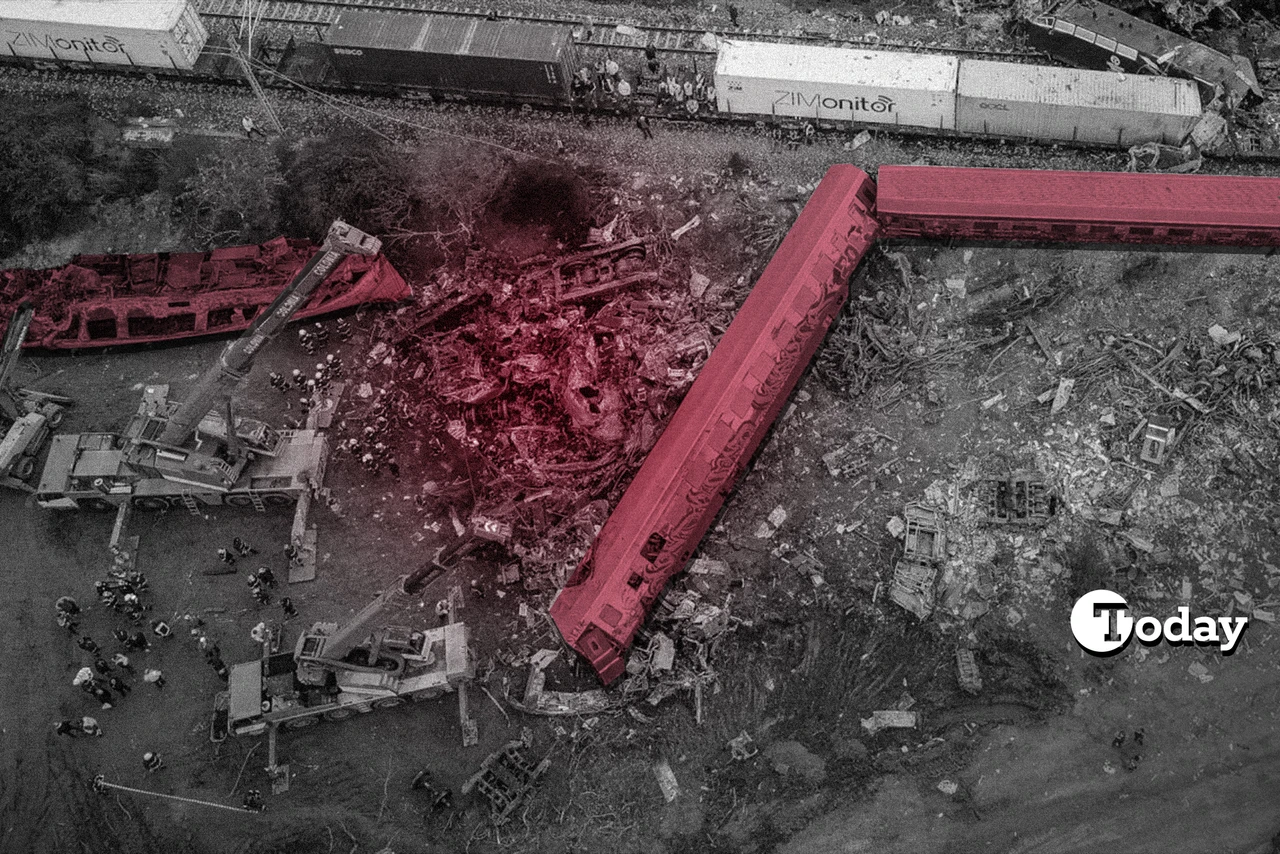 aerial view of emergency responders work at the scene of a train crash near Larissa, Greece, on March 1, 2023