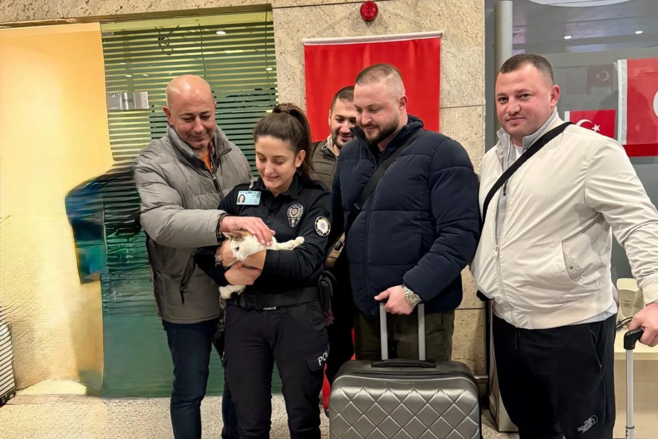 police and security holding cat that was rescued after being locked in a car in Ankara airport