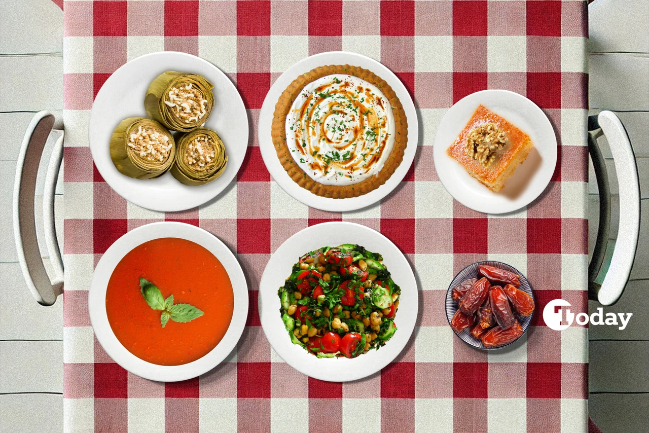 A wholesome iftar spread featuring roasted bell pepper soup, spicy red lentil dip with olive oil, stuffed artichokes with ground meat, a refreshing pomegranate and walnut salad, and a light and moist slice of Turkish revanii Türkiye, Mar. 11, 2025. (Collage by Mehmet Akbas / Türkiye Today)