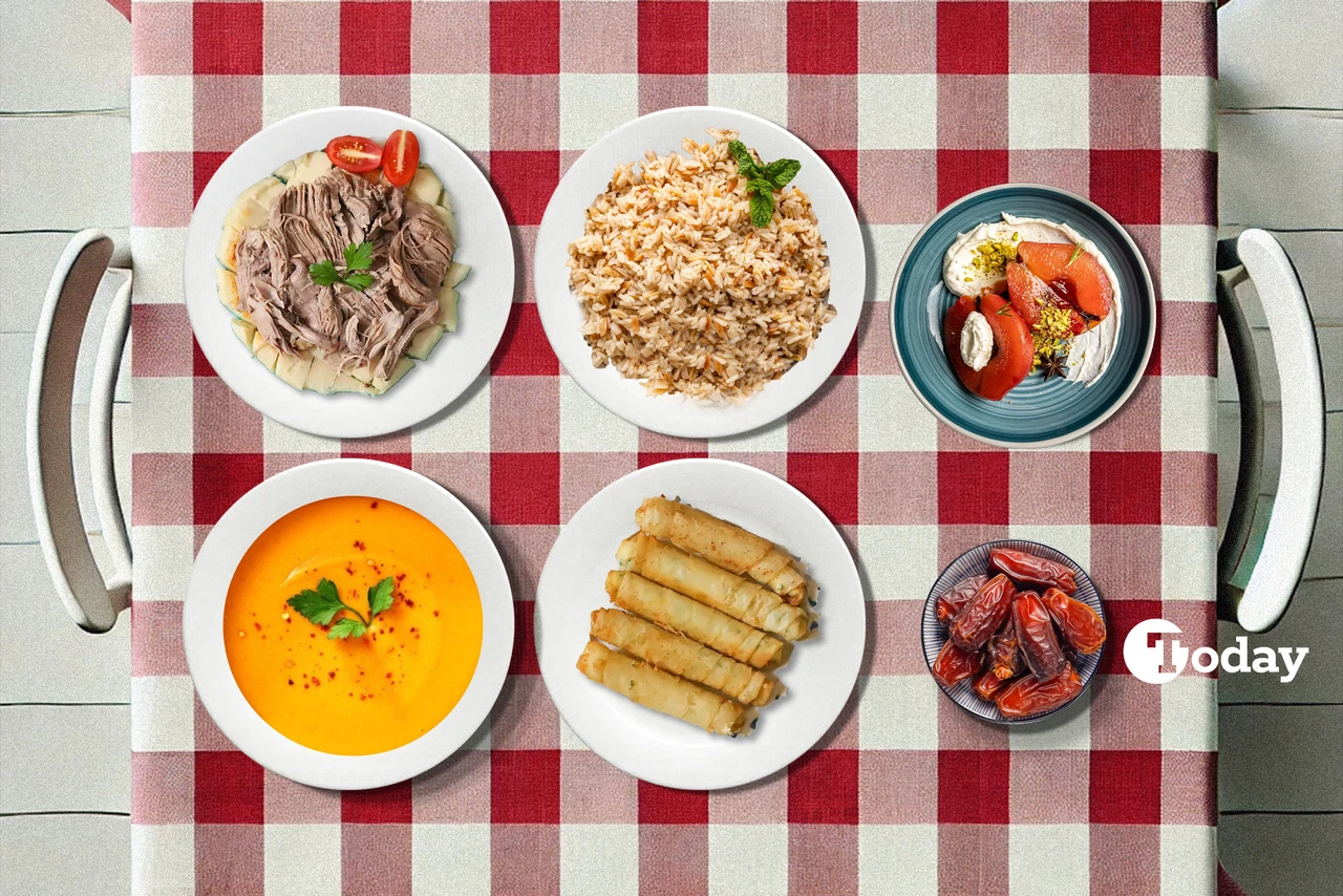 A beautifully arranged iftar table with Turkish dishes, including roasted garlic lentil soup, sigara boregi, kuzu tandir, orzo pilaf, and baked quince dessert.