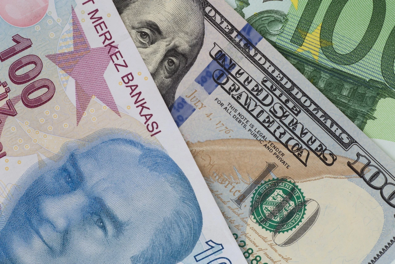 Close up of Turkish lira, US dollar and euro banknotes