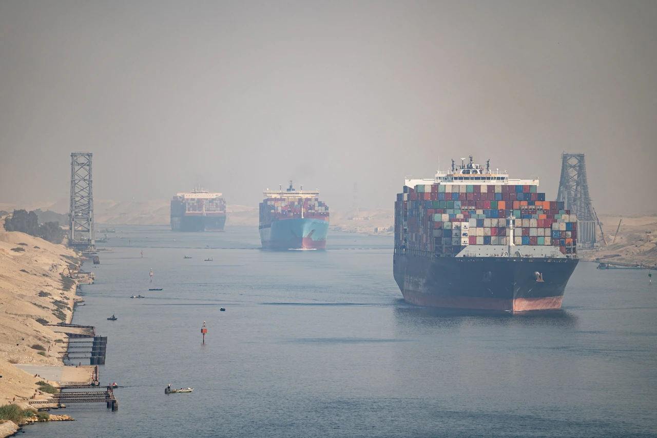 Many cargo ships navigate through Suez Canal