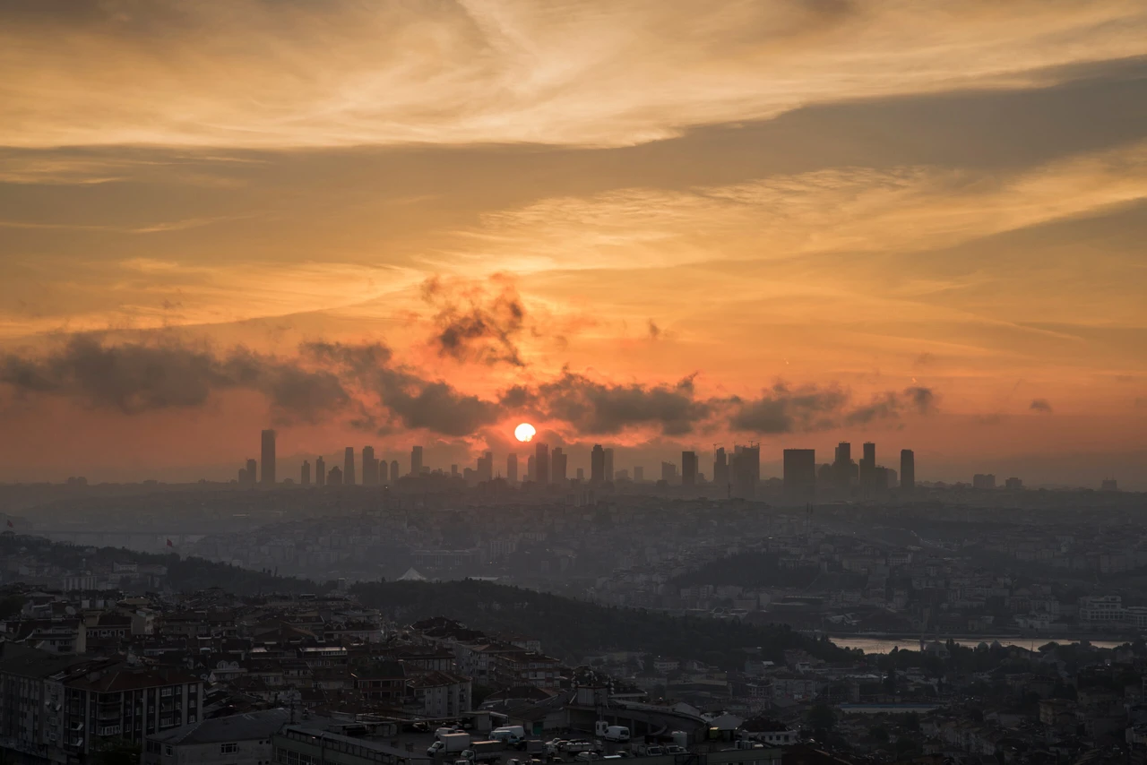 View of Istanbul during sunset with Skyscappers and over populated urban architecture