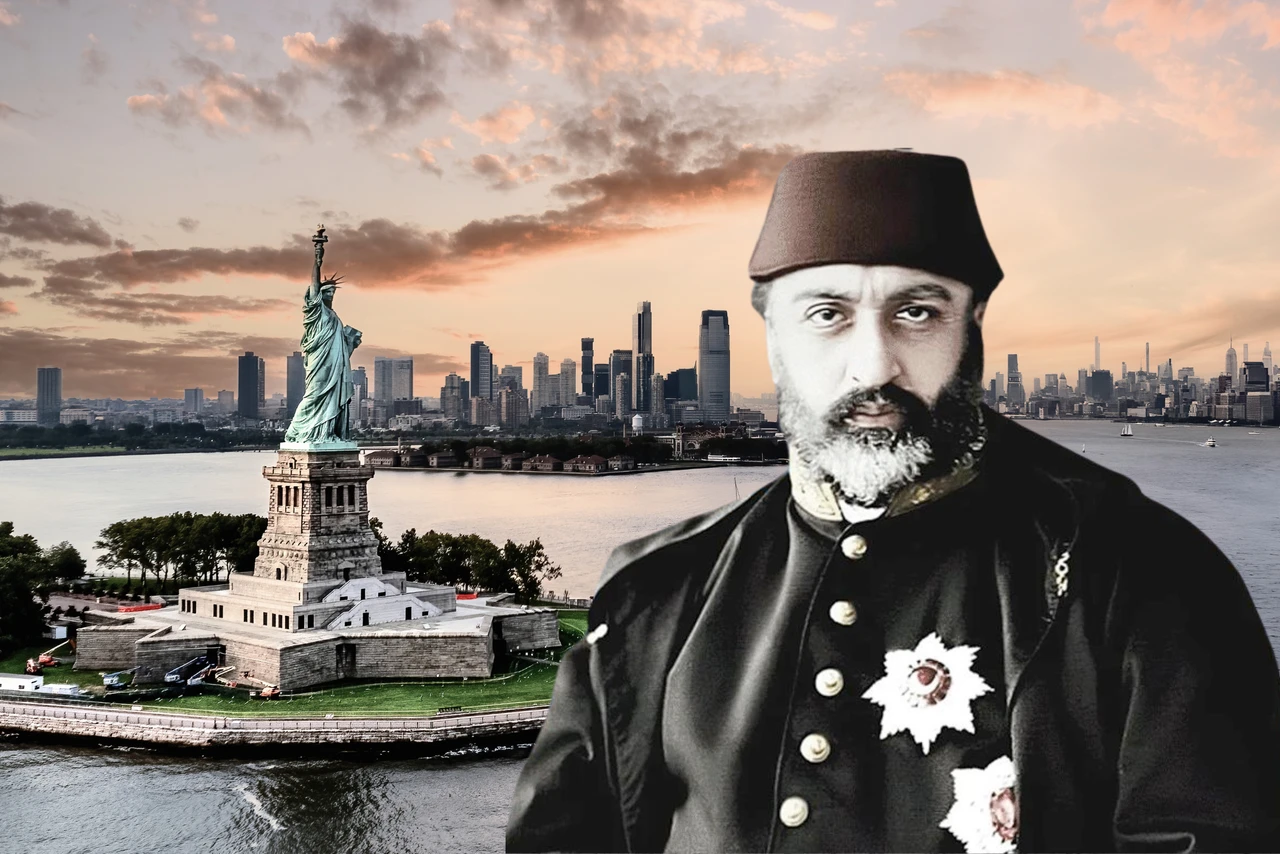 A composite image of the Statue of Liberty with a historical portrait of Ottoman Sultan Abdulaziz