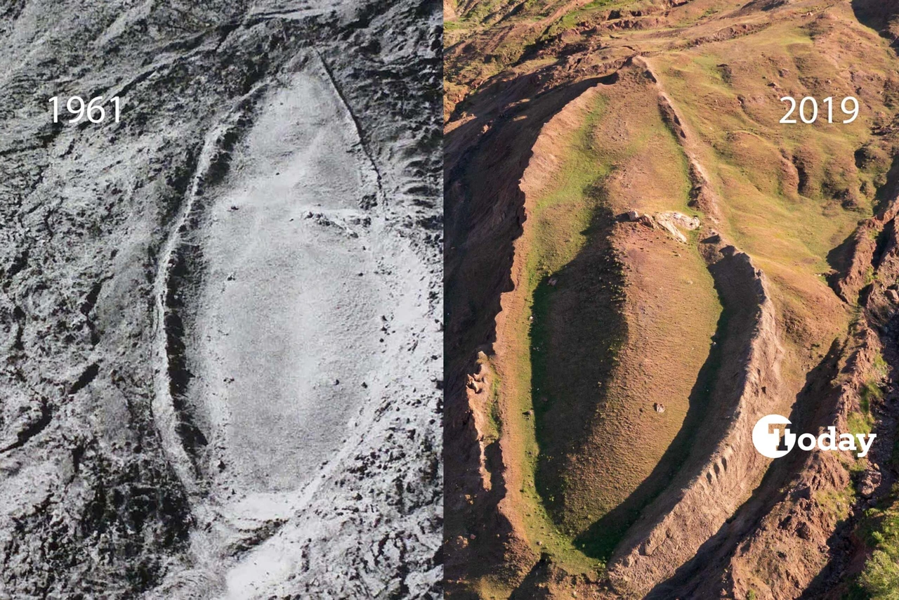 A comparison of two images from 1961 and 2019 showing the site on Mount Agri, Türkiye, believed to be Noah’s Ark.