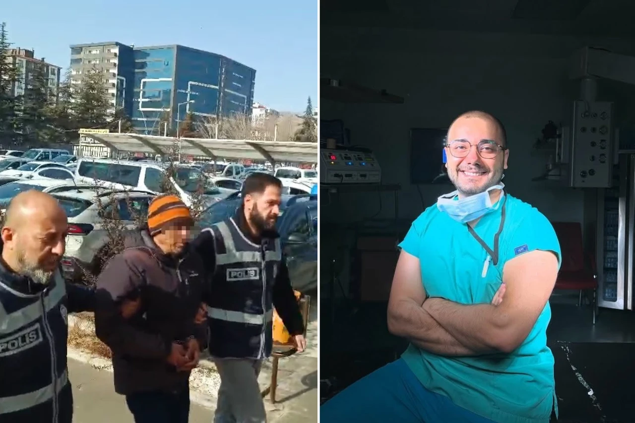 A side-by-side image featuring Turkish police escorting a suspect in handcuffs through a parking lot, while on the right, a smiling neurosurgeon in medical scrubs sits in a dimly lit operating room.