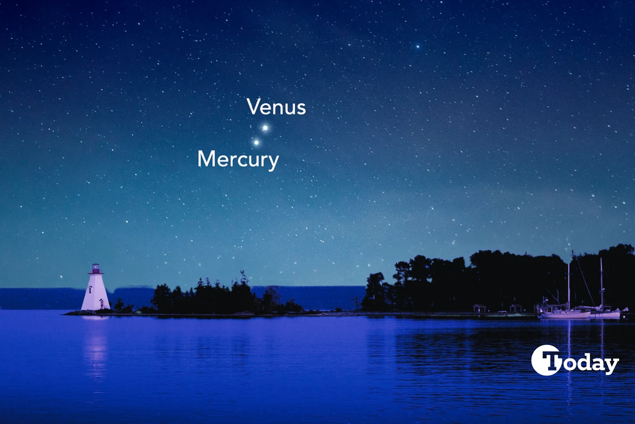 Night sky over a peaceful coastal scene with Venus and Mercury in conjunction, labeled for easy identification. A lighthouse stands on the left, reflecting light onto the calm water, while a starry sky fills the background.