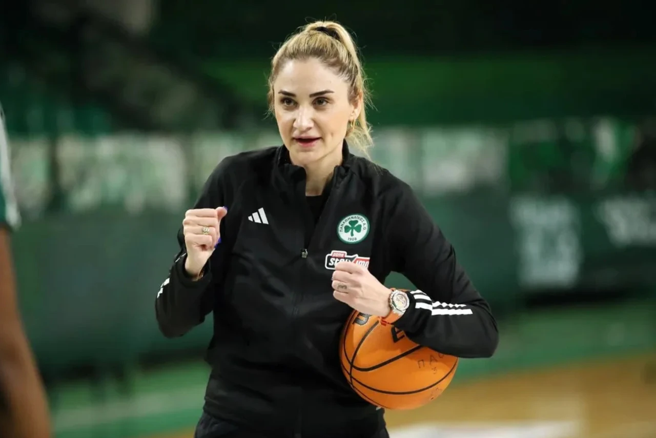 Selen Erdem engages with her players at a Panathinaikos training session, bringing energy and experience to the court.