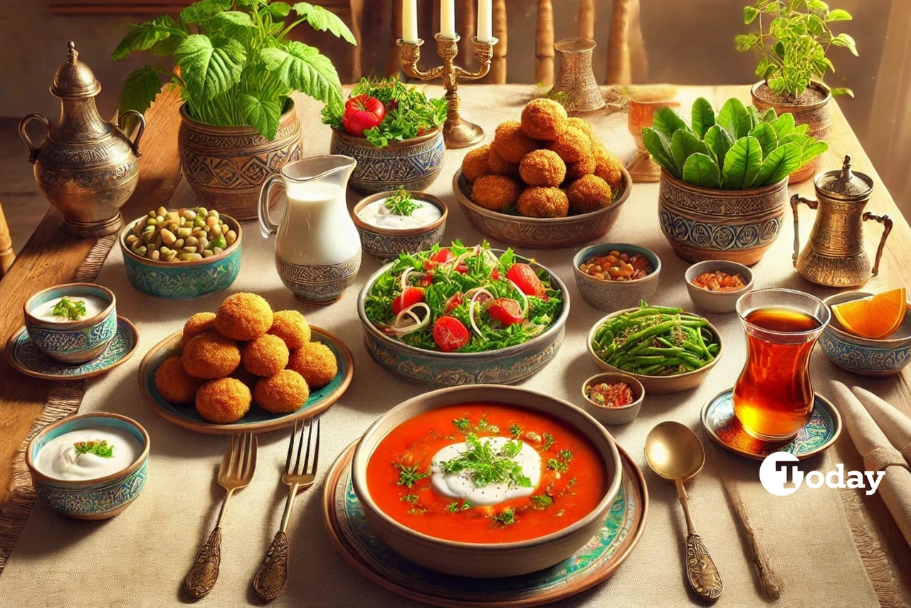 A rich iftar spread featuring a bowl of tomato soup, fresh salads, golden fried appetizers, and Turkish tea set on a decorative table.