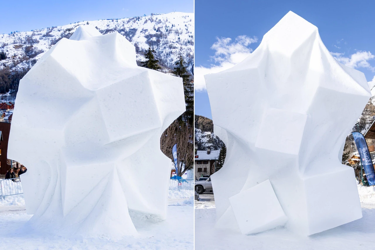 Global warming-themed snow sculpture by a team from Kocaeli University and Mimar Sinan Fine Arts University at the 42nd Valloire International Snow Sculpture Competition in France.