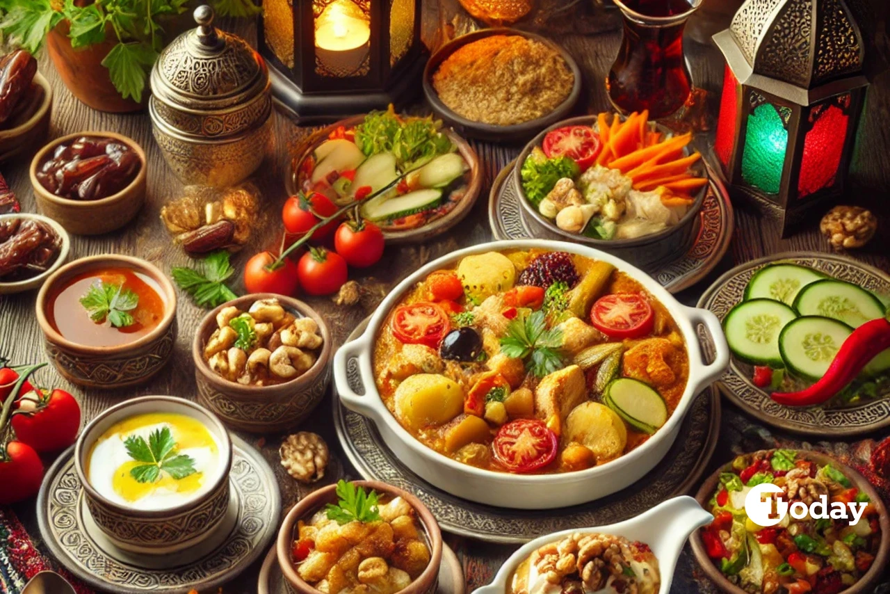 Turkish iftar table with Ezogelin soup, a baked chicken and vegetable casserole with potatoes and carrots, a creamy yogurt carrot tarator, a fresh Gavurdağı salad with cucumbers and tomatoes, and semolina halva.