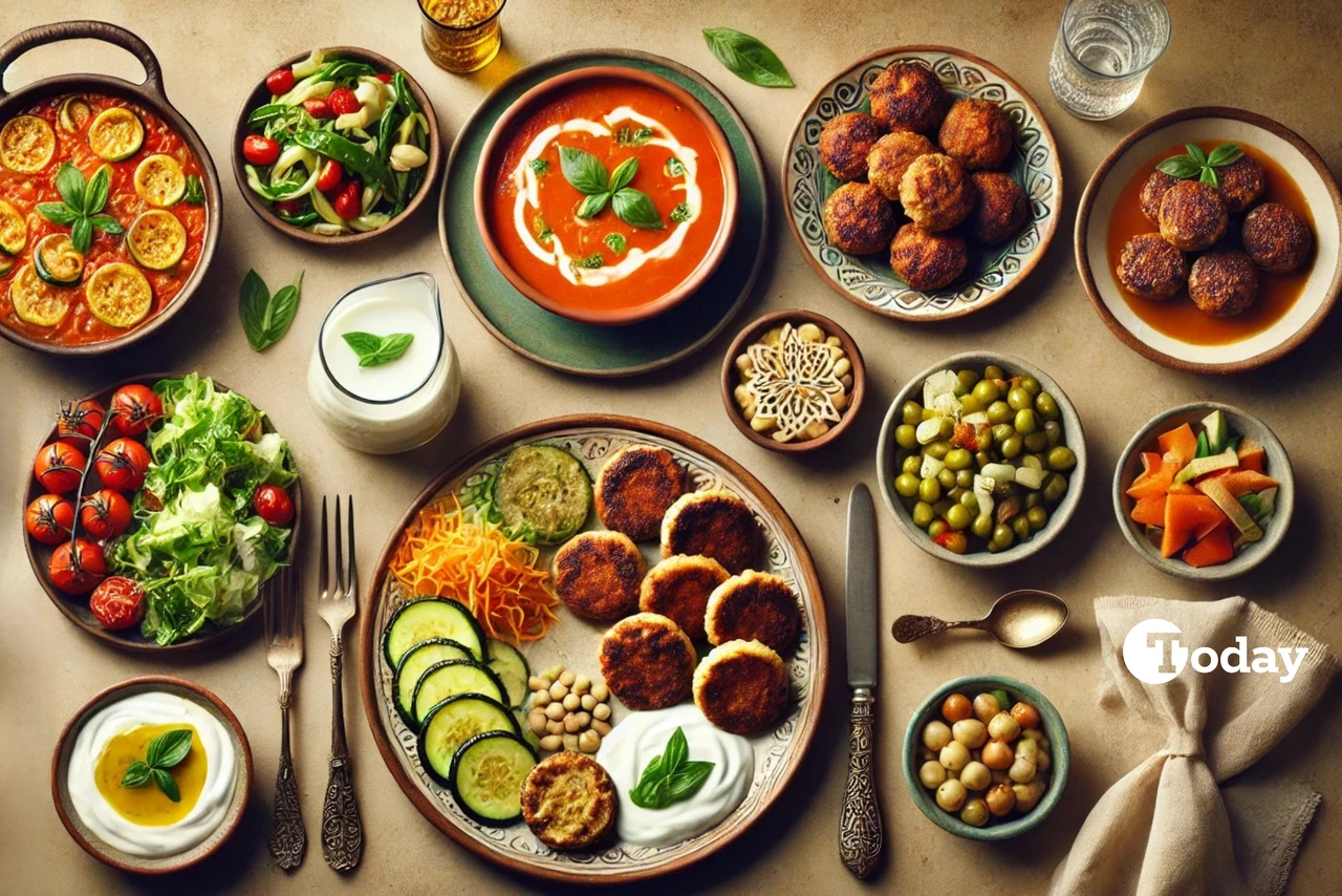 A traditional Turkish iftar meal set on a table, including red lentil soup, baked zucchini fritters, yogurt and purslane salad, oven-baked meatballs with vegetables, and various side dishes, presented in an inviting setting.