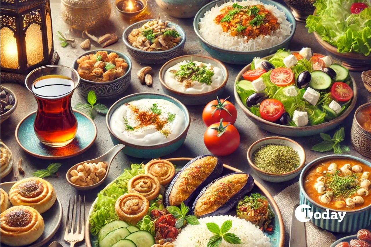 A traditional Turkish iftar table set with Karniyarik (stuffed eggplant with ground beef) served with rice, Mediterranean salad with feta cheese and olives, creamy cacik, a bowl of soup, Turkish tea in a glass, and various side dishes, all arranged in a warm and inviting setting.