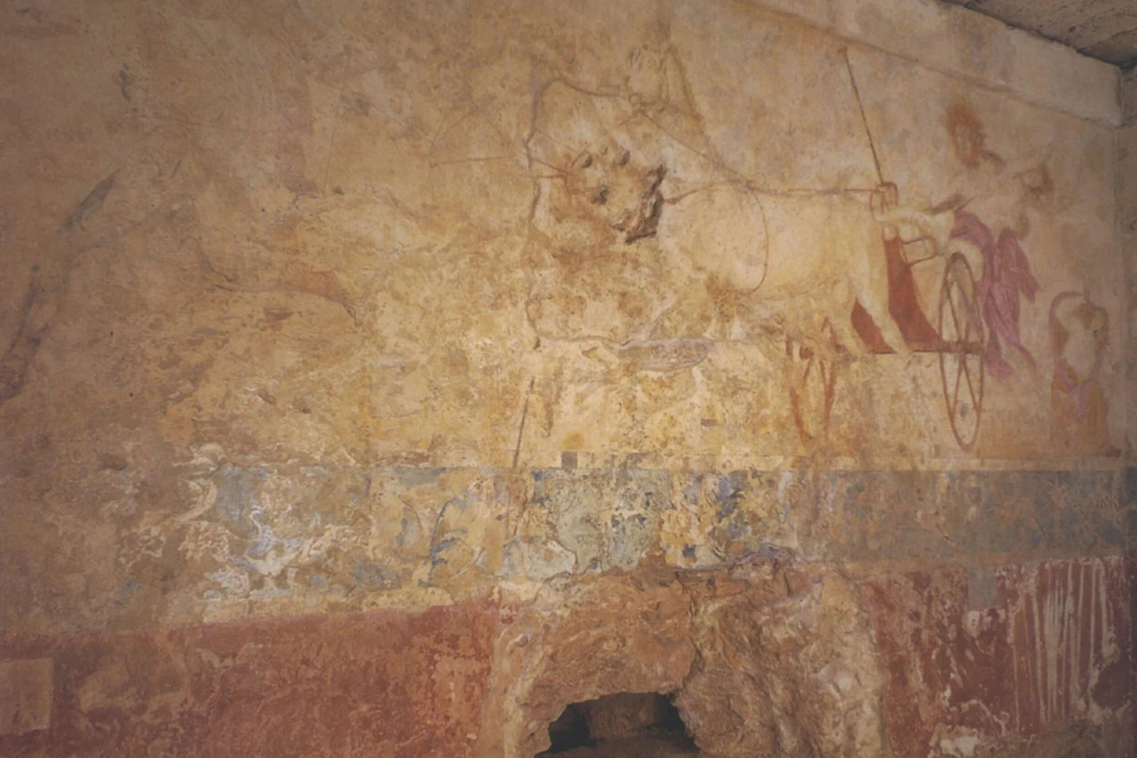 Interior view of Tomb I showing the Abduction of Persephone fresco