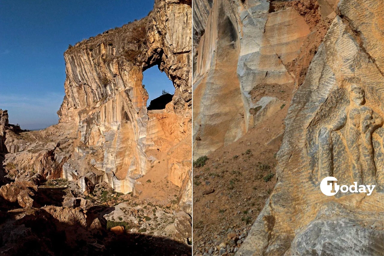 An 1,800-year-old relief of Hercules (R), carved into natural rock at the ancient stone quarry known as Deliklikaya (L)
