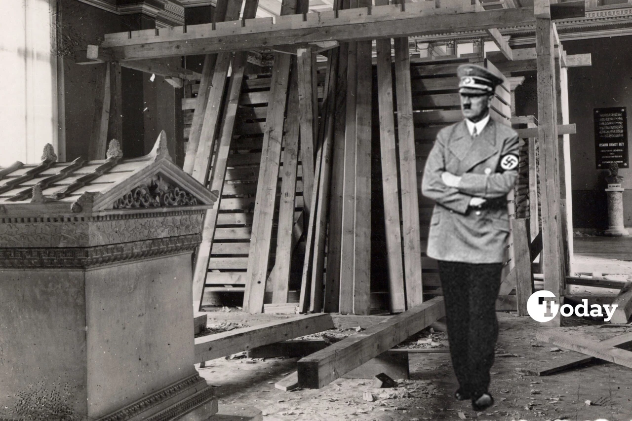 A collage of photographs of sarcophagi preserved in the Istanbul Archaeological Museums, Türkiye and hitler