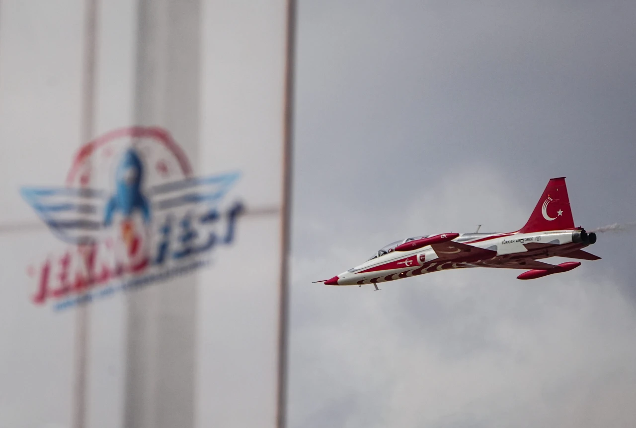 AI and high technology pave the way for a new era: Teknofest head 2 Photo shows Turkish Stars in the sky, the aerobatic team of the Turkish Air Force, along with a flag featuring Teknofest logo.