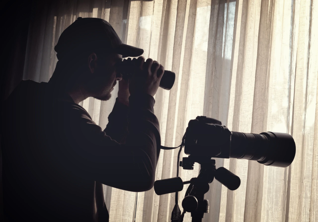 A silhouetted person wearing a cap stands by a window with translucent curtains, looking through binoculars while a camera with a telephoto lens is mounted on a tripod beside them. The backlit scene creates a surveillance or observation atmosphere.