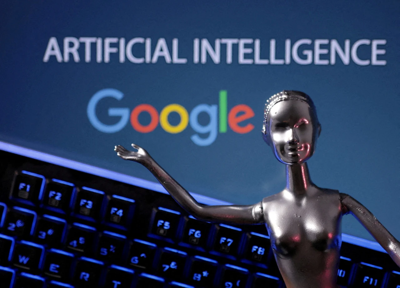 Photo shows a mannqeuin pointing google logo and artificial intelligence depicted on a laptop screen