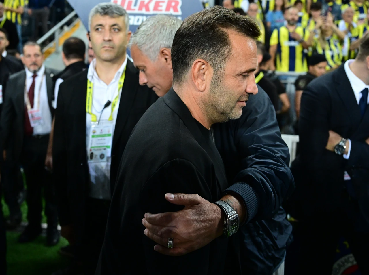 Jose Mourinho and Okan Buruk greet each other before fenerbahce and galatasaray compete