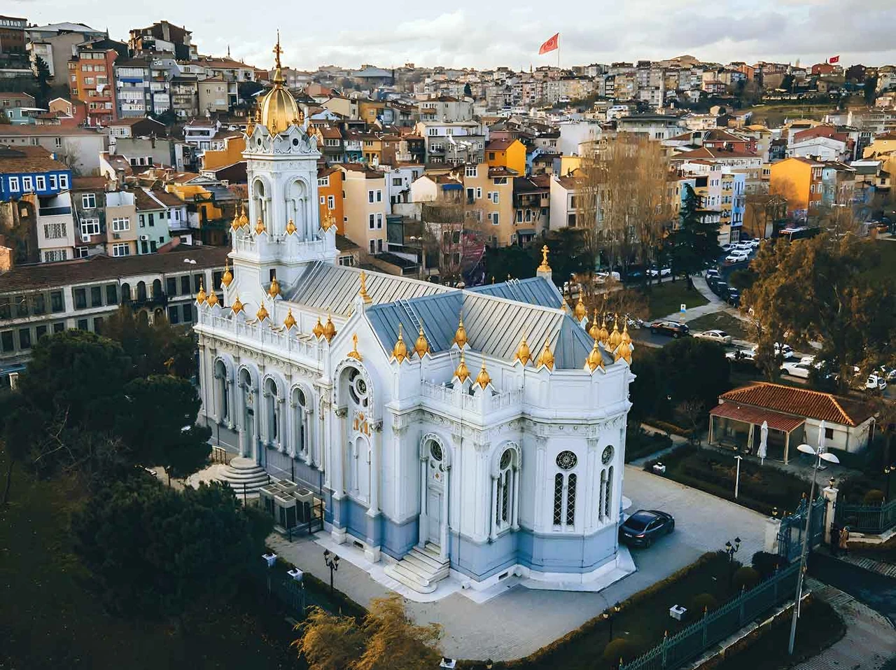 A panoramic view of the Sveti Stefan Iron Church in Istanbul, Türkiye, captured in July 2018.