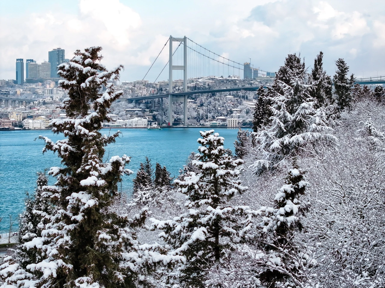 Istanbul's bosphorus and bridge after heaby snowstorm