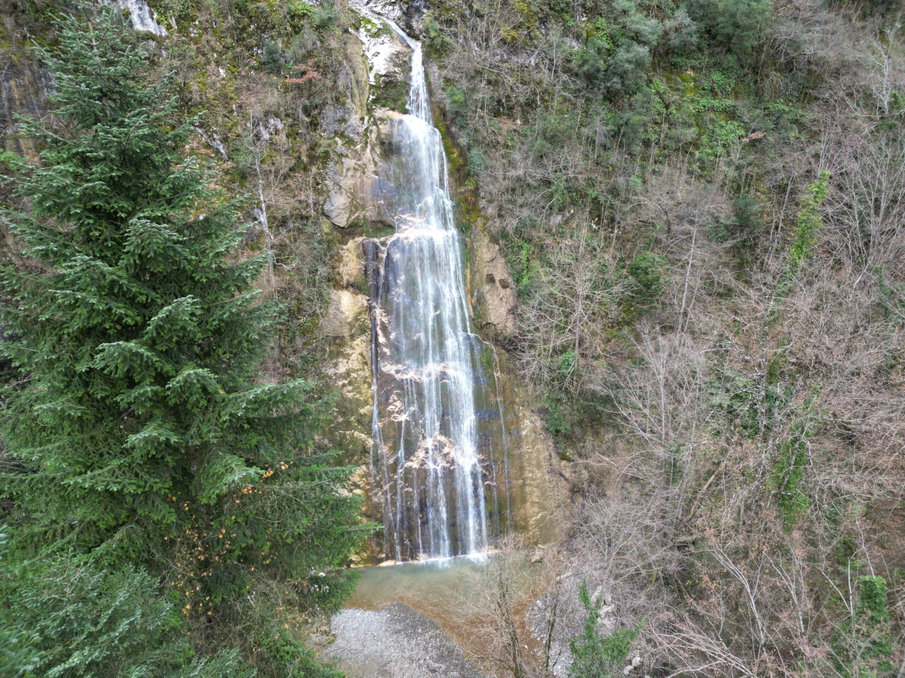 Aerial shot of Değirmendere Waterfall in the Şenpazar district of Kastamonu, Turkey.