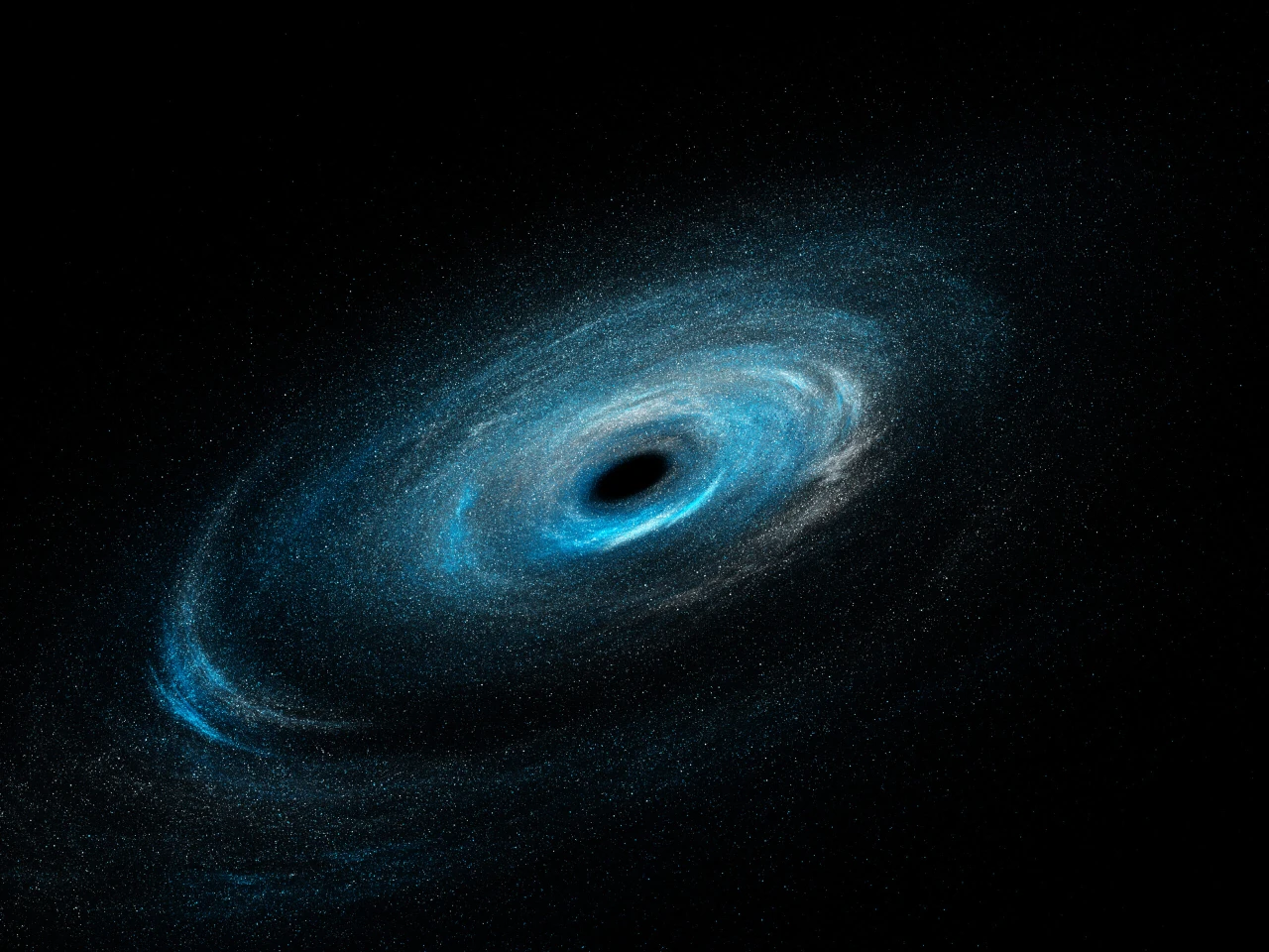 Digital illustration of a black hole with a glowing accretion disk, symbolizing the emission of Hawking radiation.