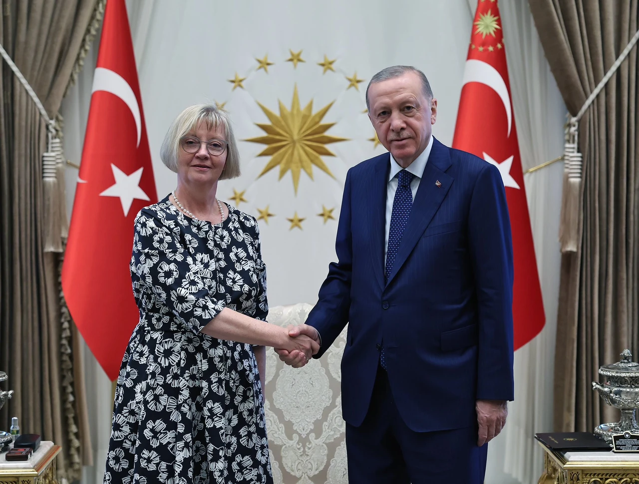 Photo shows German Ambassador to Ankara Sibylle Katharina Sorg shaking hands with President Erdogan in front of Turkish flags