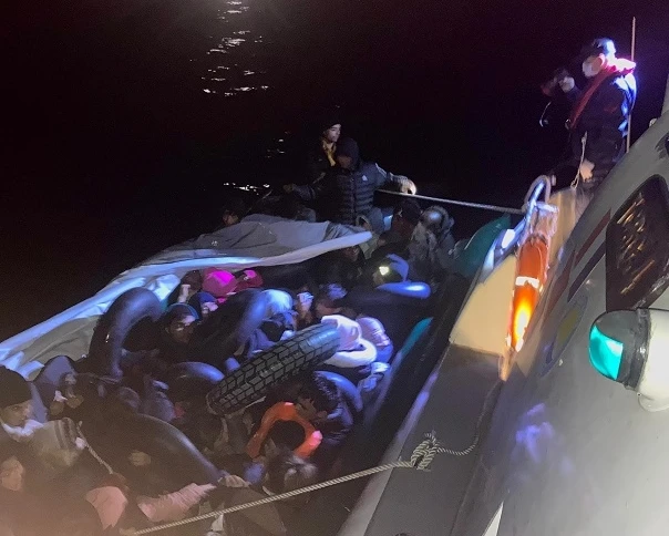 Irregular migrants are detained by security forces off the coast of Cesme, Izmir