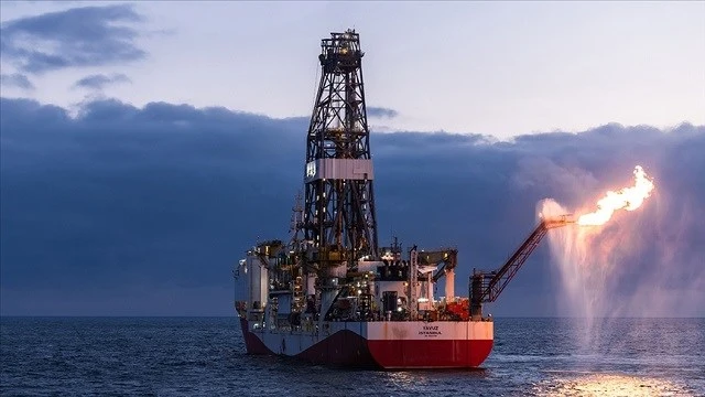 Photo shows a natural gas drilling vessel conducting offshore exploration