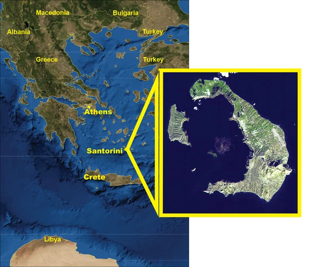 Aerial view of Santorini, the largest island in a volcanic ring, showing the caldera formed by a massive ancient eruption.