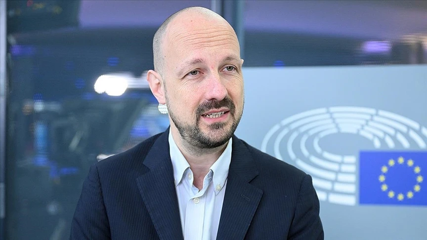 Photo shows Belgian member of the European Parliament Marc Botenga speaking