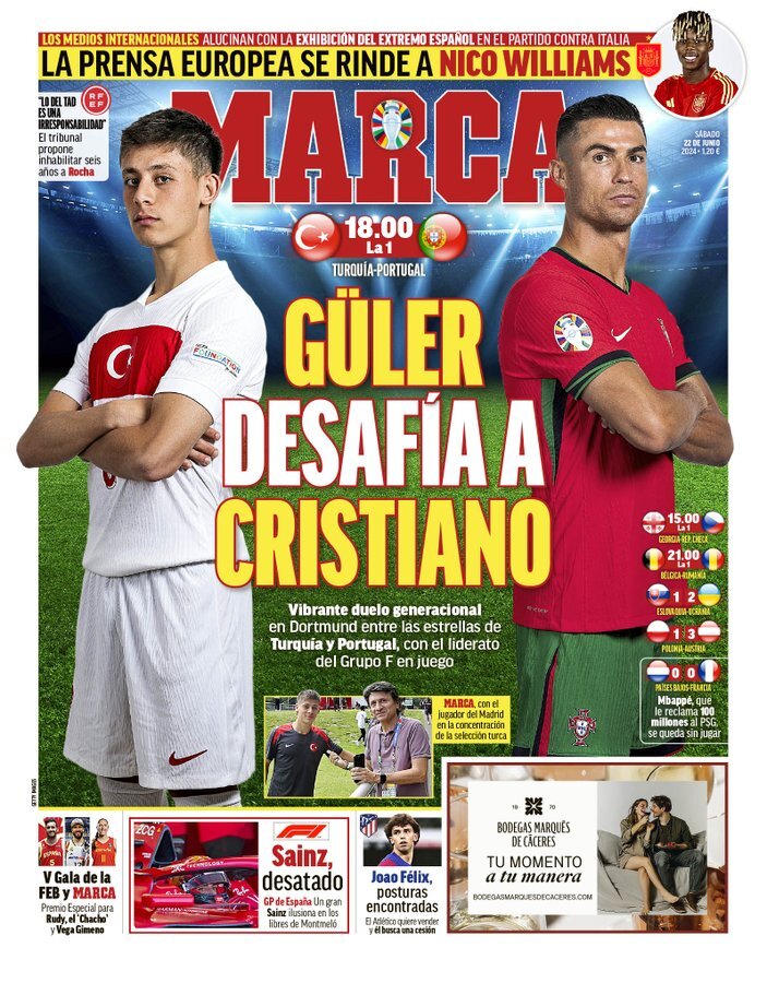 'Guler challenges Ronaldo,' says Spanish daily Marca ahead of Türkiye vs Portugal at Euro 2024
