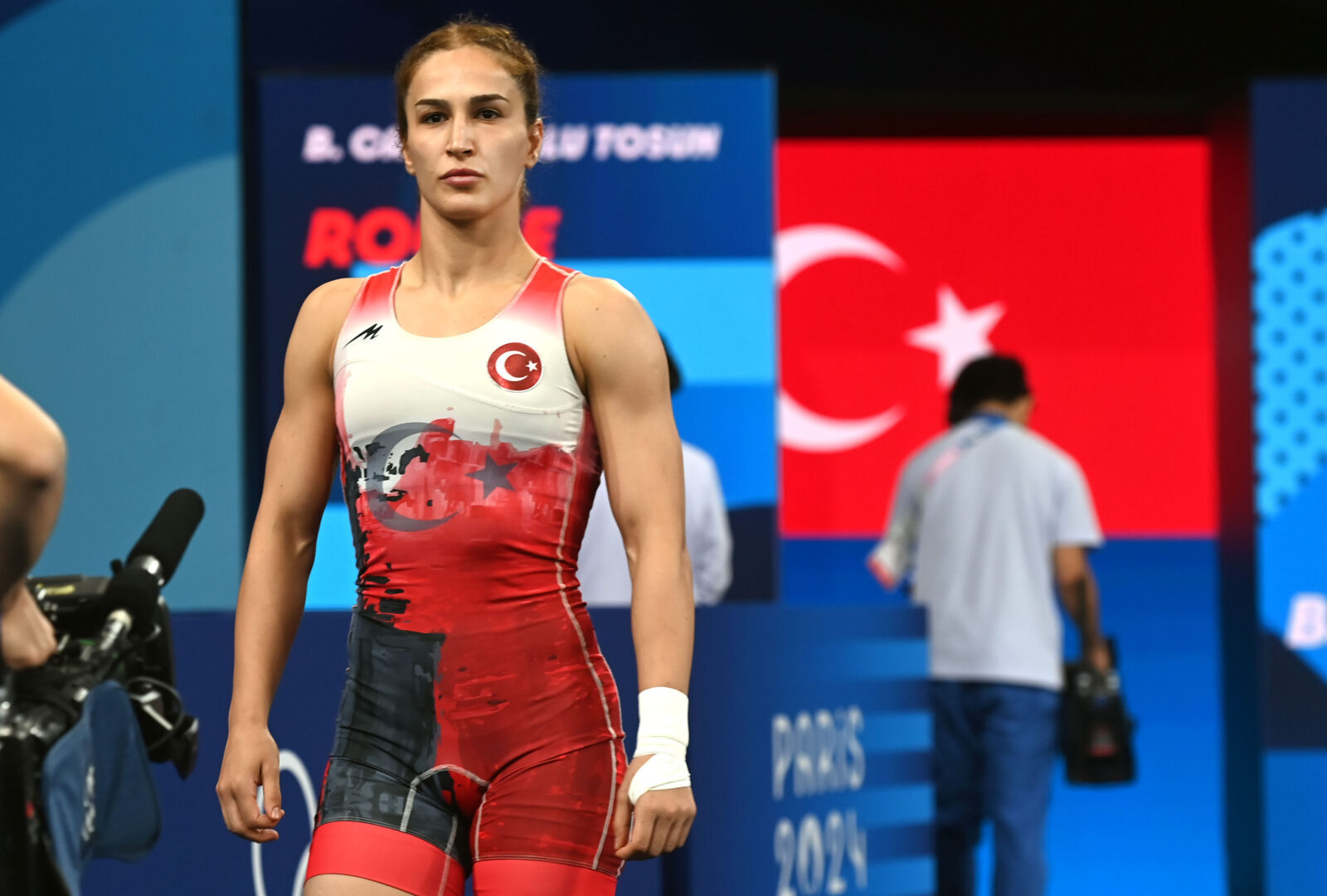 Buse Tosun Cavusoglu Tosun of Türkiye competes against Sol Gum Pak (not seen) of North Korea in Wrestling - Women's Freestyle 68kg Bronze Medal Match on day eleven of the Olympic Games Paris 2024 at Camp De Mars Arena in Paris, France on August 6, 2024. (AA Photo)