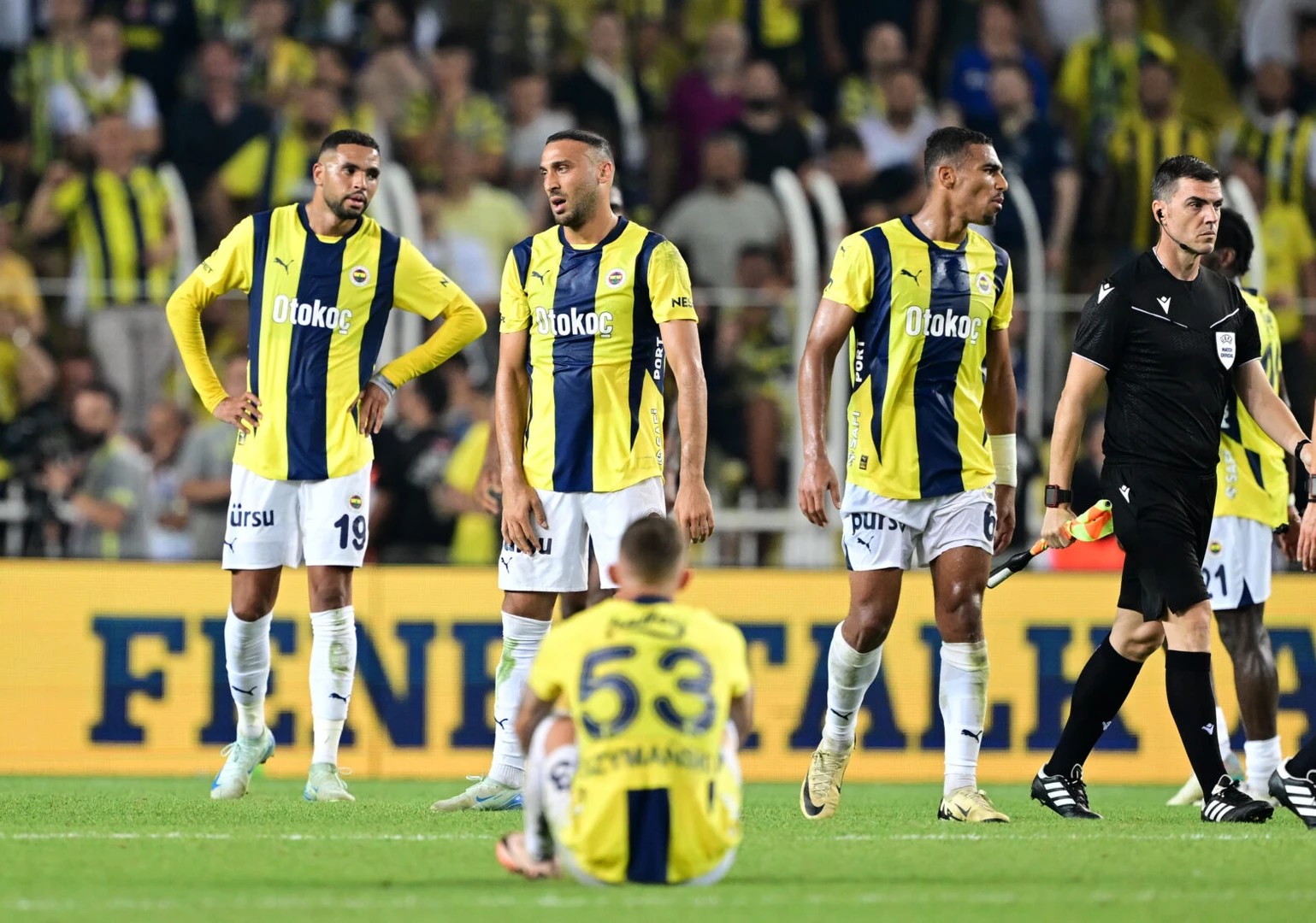 Fenerbahce players regroup on the field