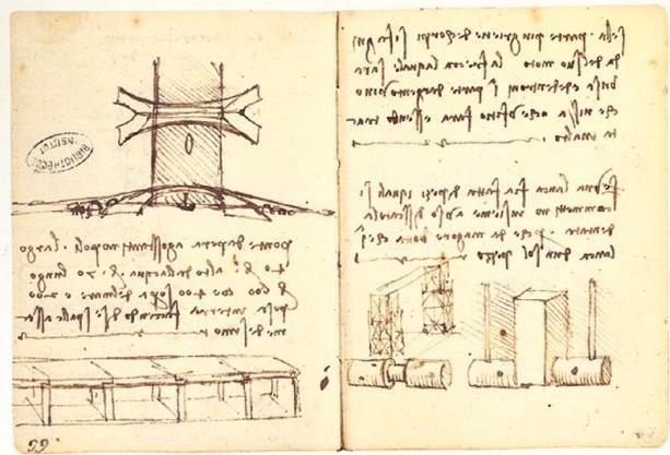 A historical sketch by Leonardo da Vinci illustrating an early conceptual design for a bridge. The drawing, created in the early 16th century, shows detailed engineering and architectural elements with annotations in da Vinci's characteristic mirror writing. The sketch was part of his proposal for a bridge to span the Golden Horn in Istanbul, commissioned by the Ottoman Sultan Bayezid II. The left side of the sketch shows a cross-sectional view of the bridge's structure, while the right side includes mechanical concepts and construction techniques.