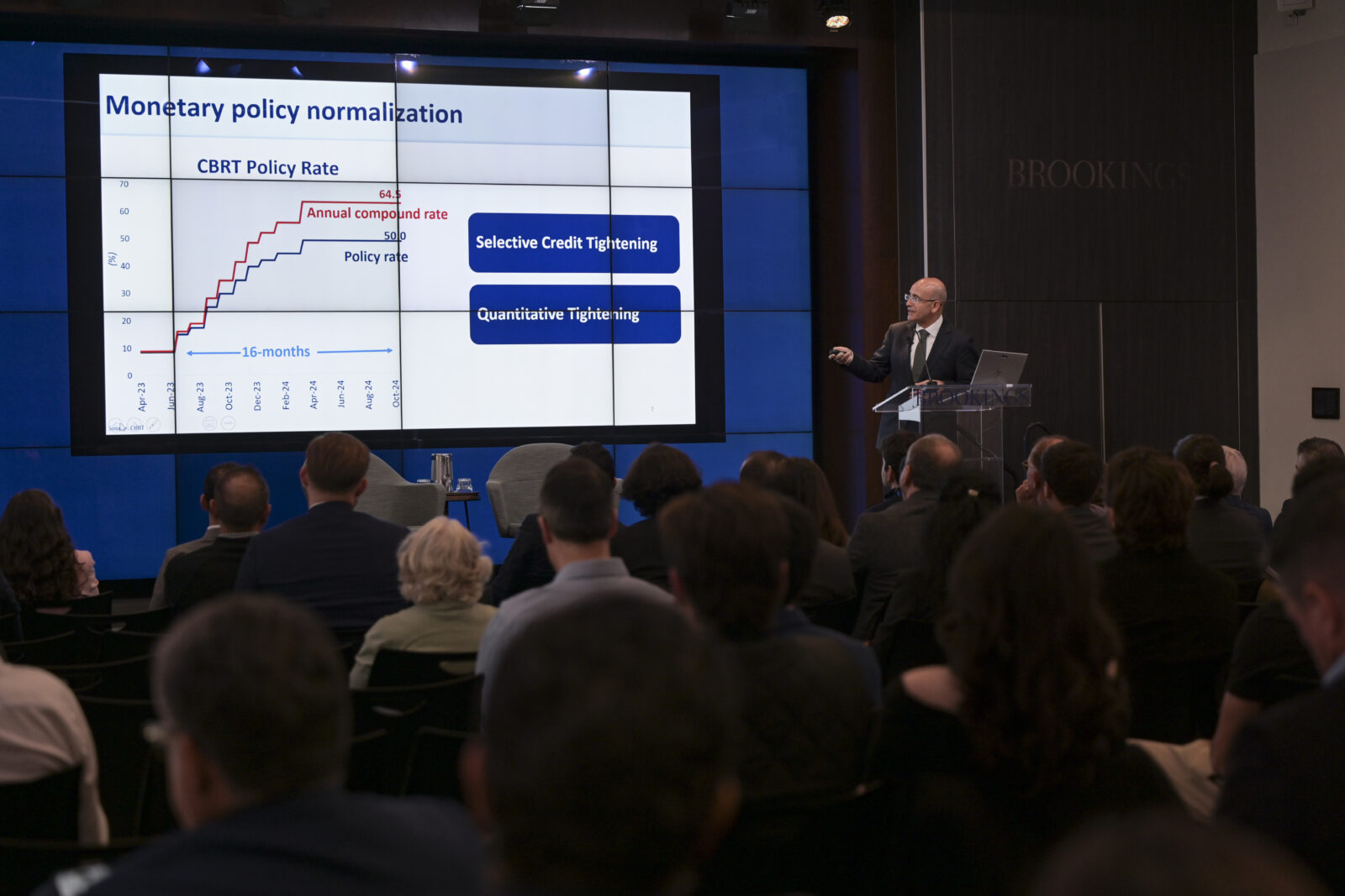 Finance Minister Mehmet Simsek delivers remarks as he attends an event at the Brookings Institution in Washington DC, United States on October 25, 2024. (AA Photo)