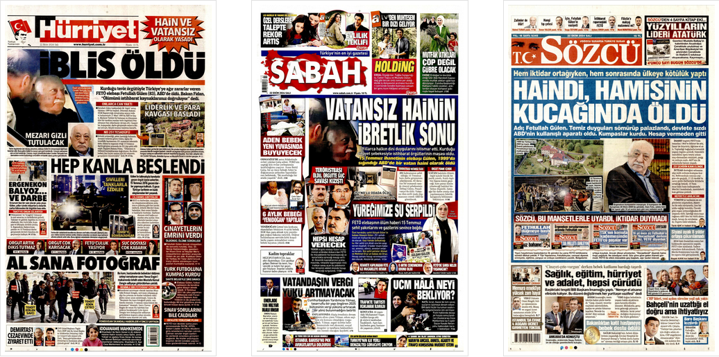 This is how Turkish dailies covered death of ringleader Fetullah Gulen