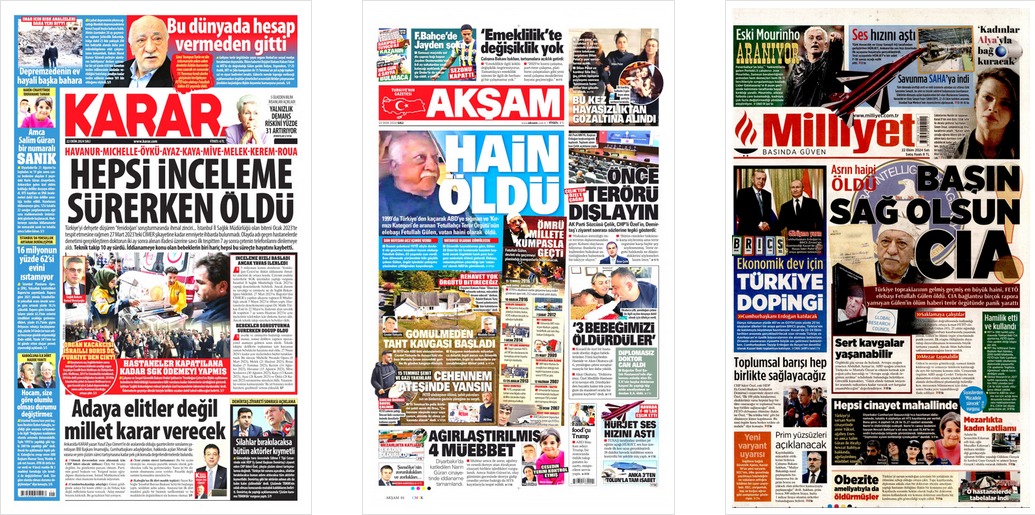 This is how Turkish dailies covered death of ringleader Fetullah Gulen