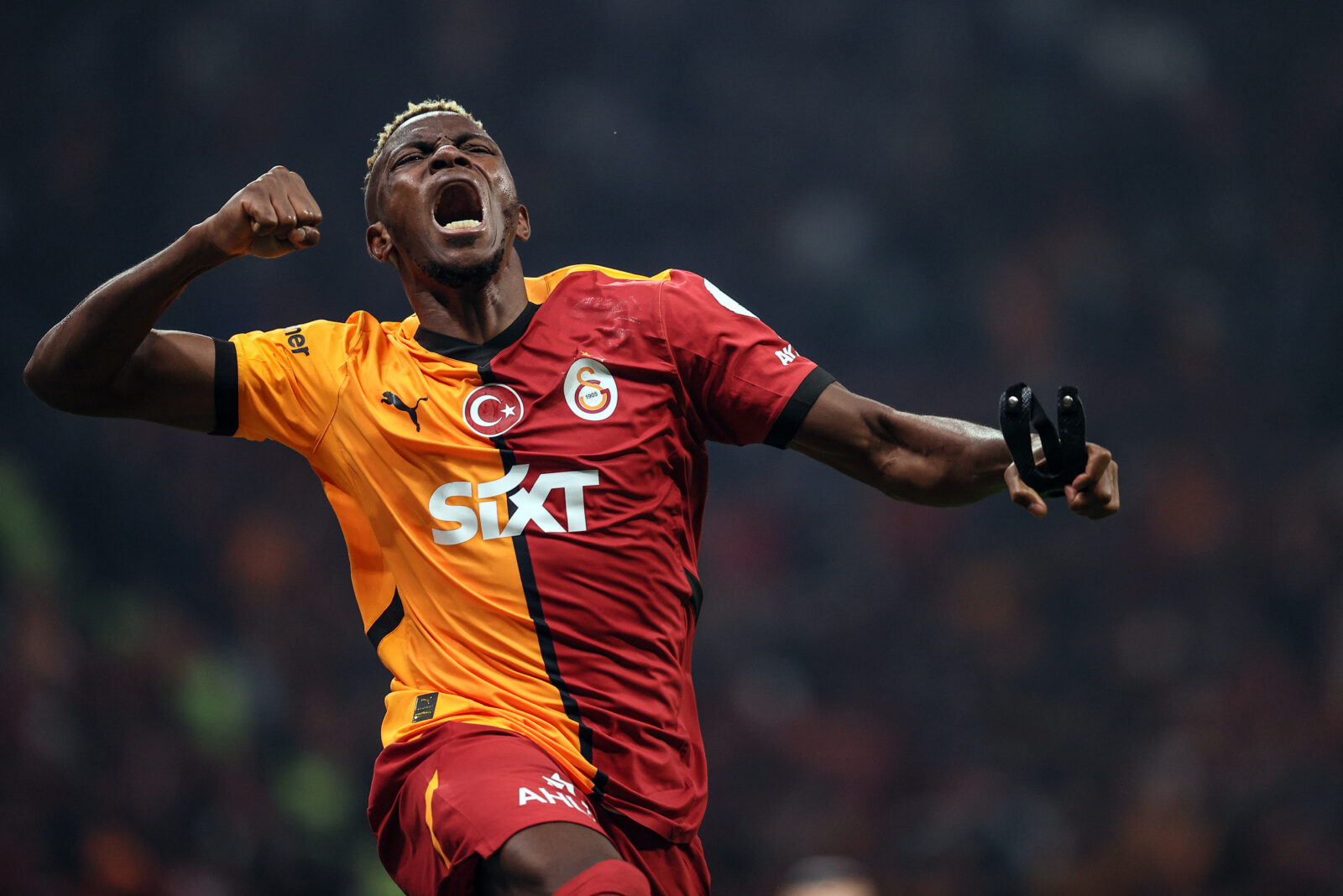 Victor Osimhen (45) of Galatasaray celebrates after scoring a goal during the Turkish Super Lig week 10 football match between Galatasaray and Besiktas at RAMS Park in Istanbul