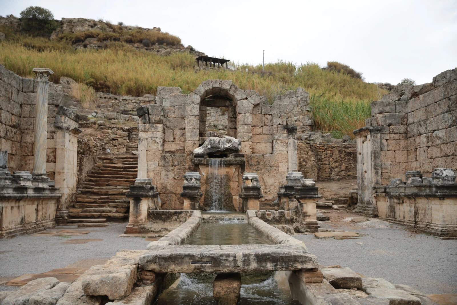 The fountain, believed to have been built during the reign of Emperor Hadrian in the 2nd century A.D., began flowing again after 1,800 years in Perge Ancient City, Antalya, Türkiye, November 22, 2024. (AA Photo)