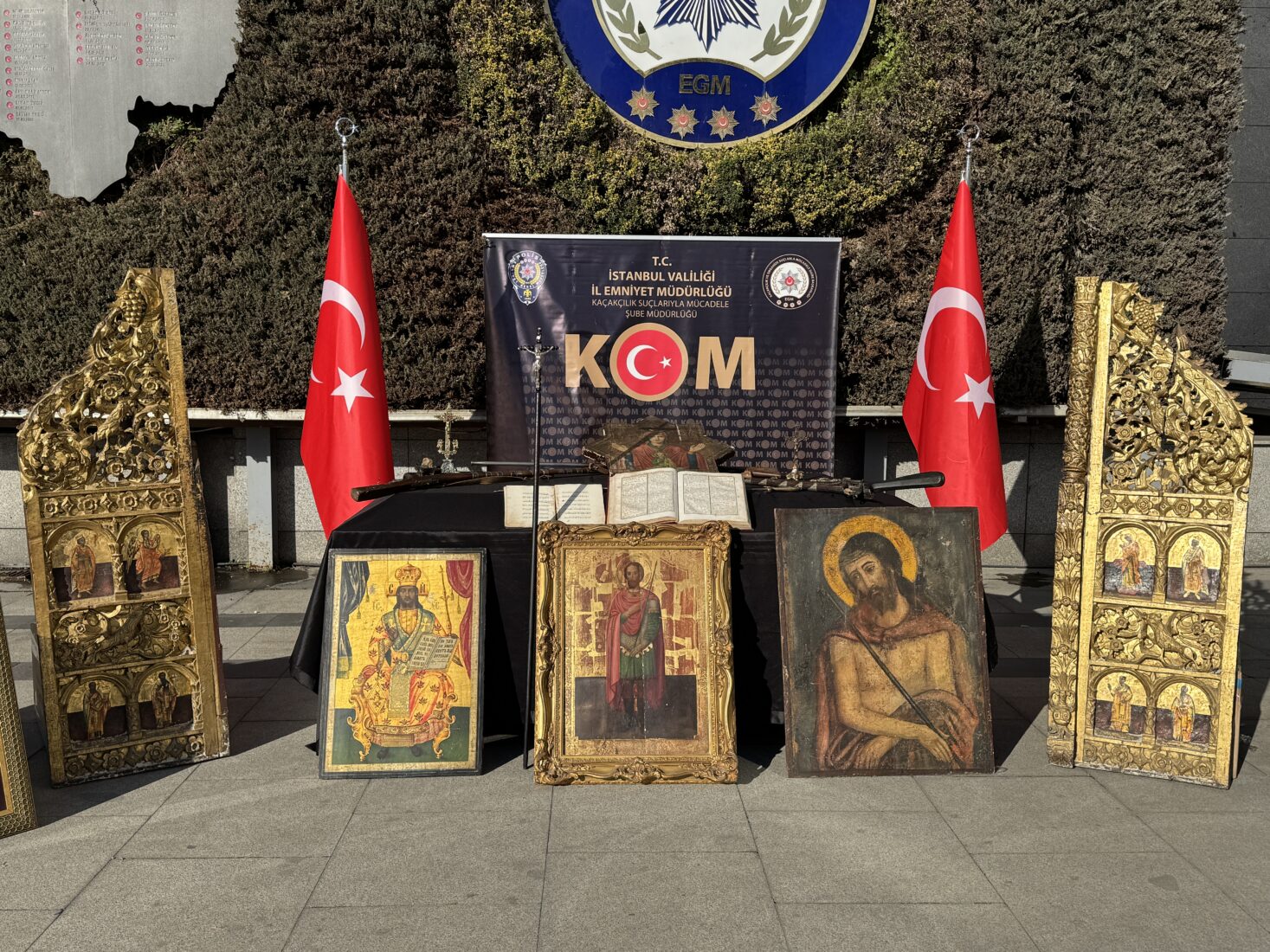 Artifacts seized in Istanbul raids include 140 coins from ancient empires, 334 wooden Christian icons depicting Jesus, Mary, and saints, and 63 ethnographic items, Istanbul,